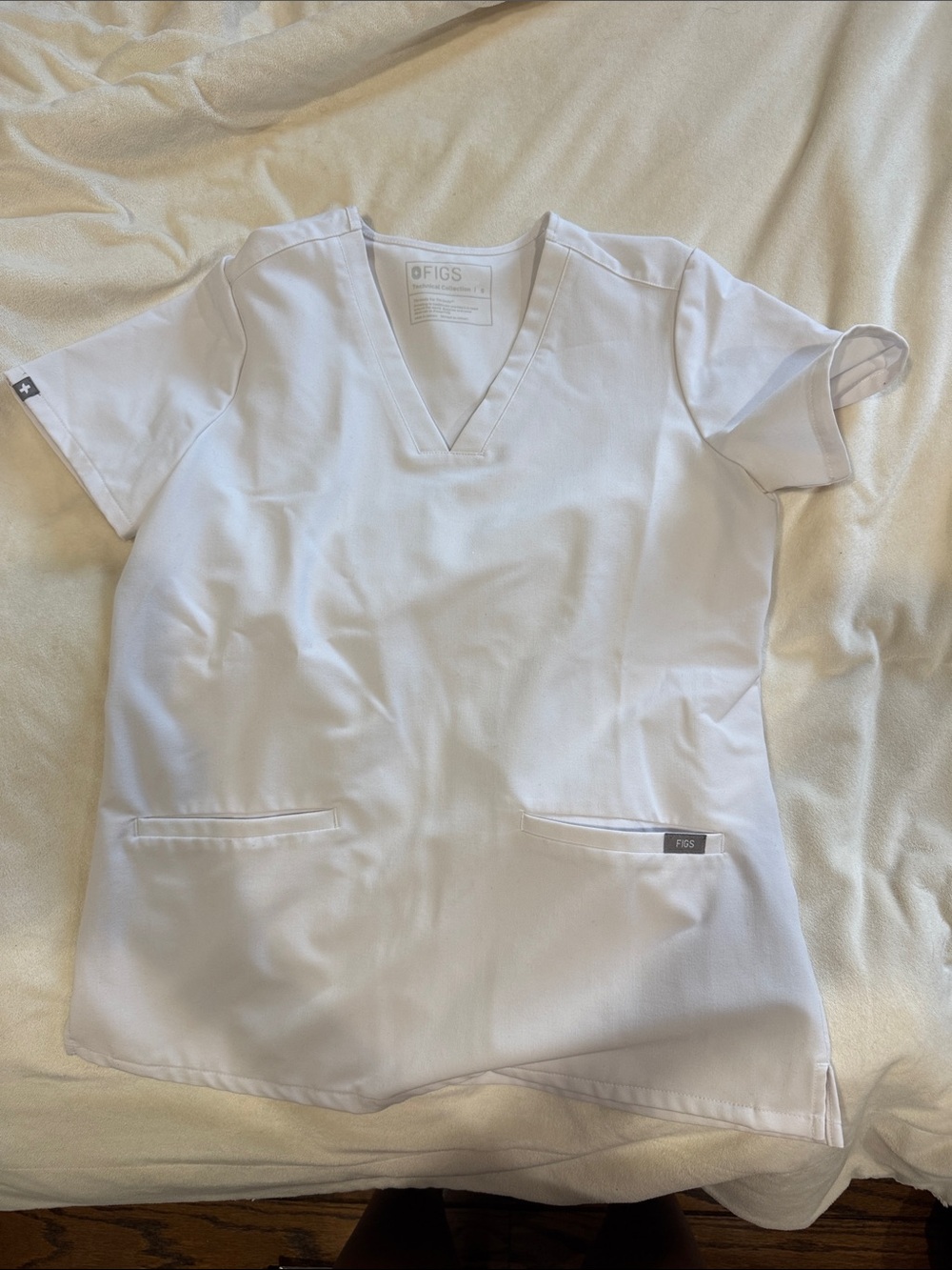 Figs White V-Neck Scrub Top 3 Pockets